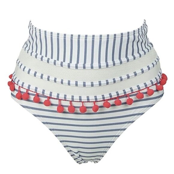 Cocoship Pom Pom Trim Striped High Waist Bikini Set White Light Slate Blue 8 New - Picture 3 of 11